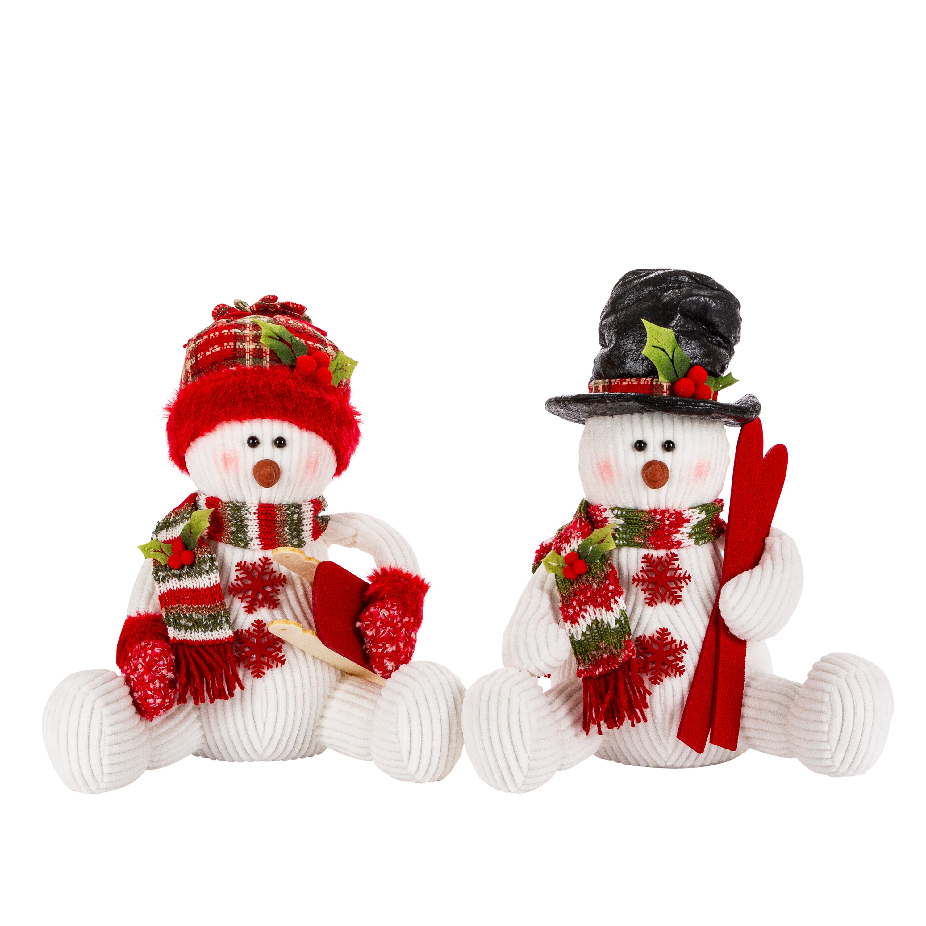 Set of 2 Holiday Snowman Figurine Decor, Red and Green